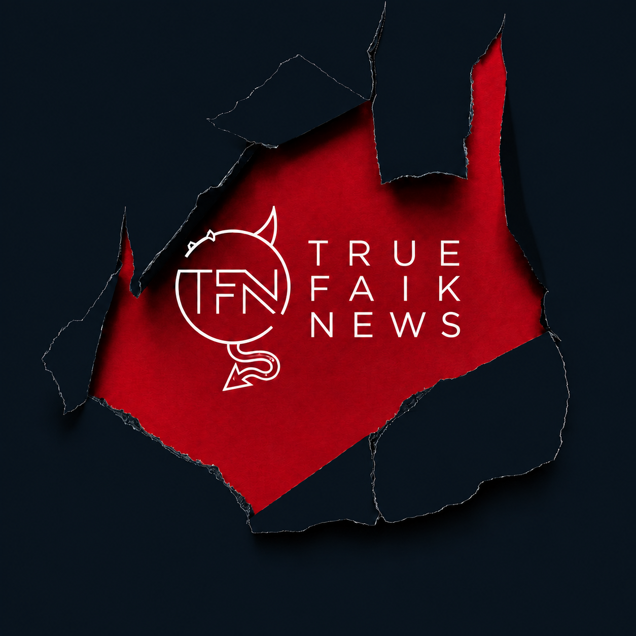 True Faik News logo bursting through torn paper